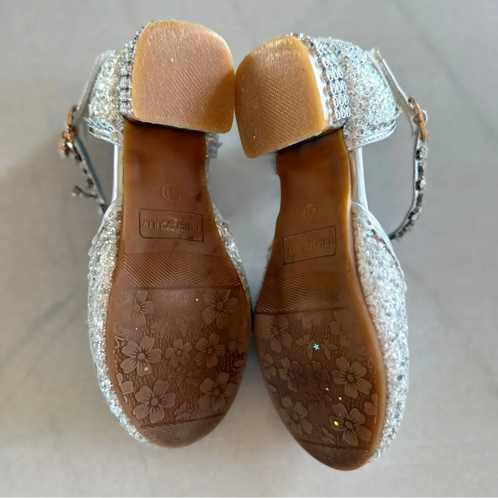 Trish Scully Miss Rodeo Silver Glitter Dress Shoes Girls Size 12 Jeweled Strap